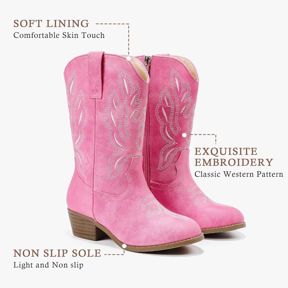 Kids Pink Pointed Toe Side Zipper Classic Embroidered Horse Riding Shoes - Picture 6 of 7